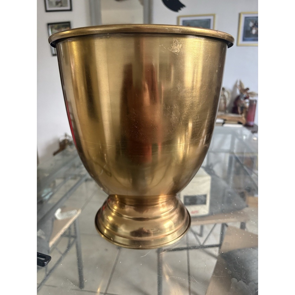 Vintage Brass Pedestal Urn Planter Trophy Vase Heavy Gold Tone Metal 11" Tall